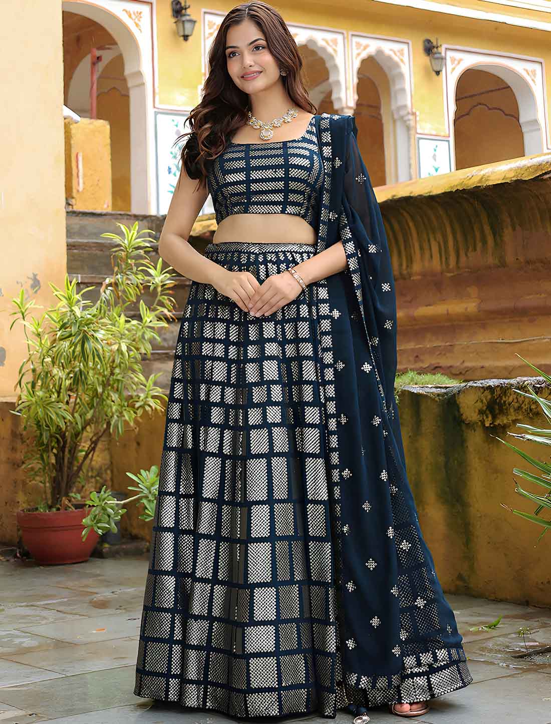 Dark Blue Georgette Ethnic Thread Embroidery Lehenga Choli
