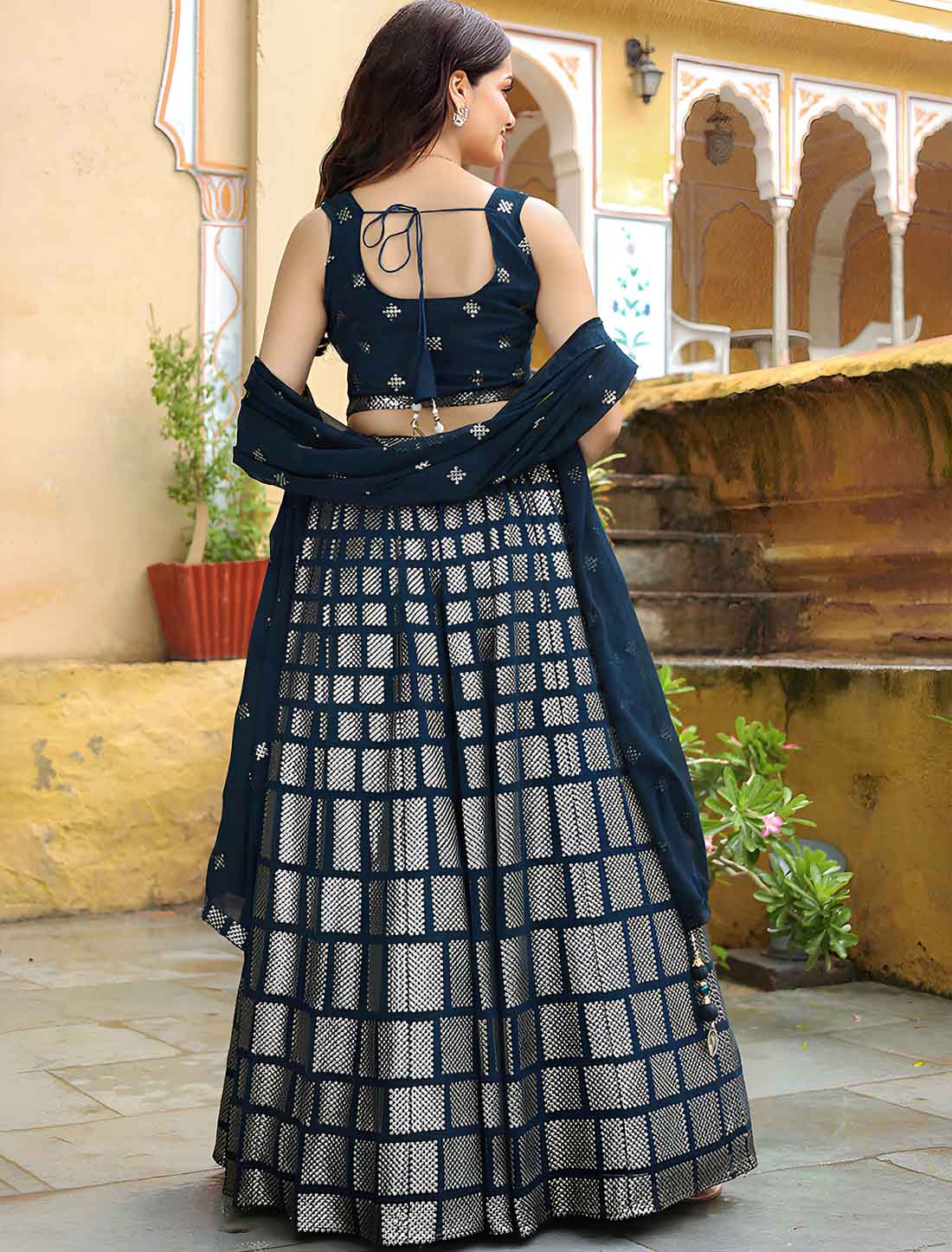Dark Blue Georgette Ethnic Thread Embroidery Lehenga Choli