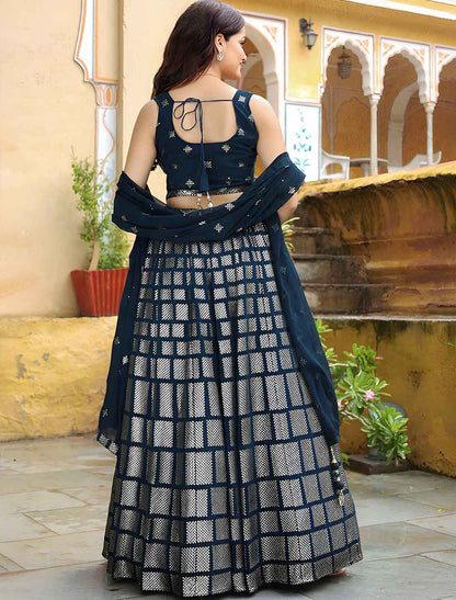 Dark Blue Georgette Ethnic Thread Embroidery Lehenga Choli