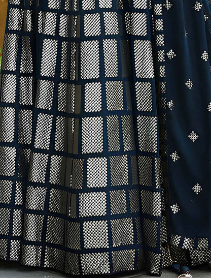 Dark Blue Georgette Ethnic Thread Embroidery Lehenga Choli