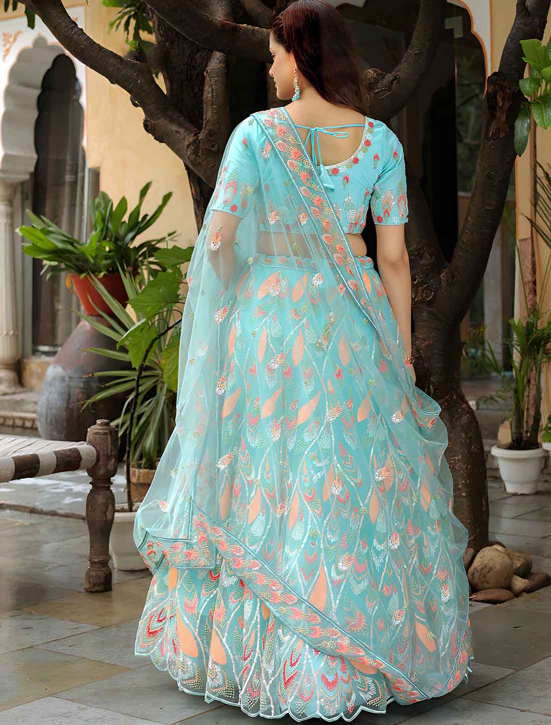 Sky Blue Soft Net With Sequins Embroidery Ethnic Lehenga Choli
