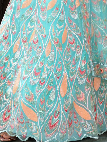 Sky Blue Soft Net With Sequins Embroidery Ethnic Lehenga Choli