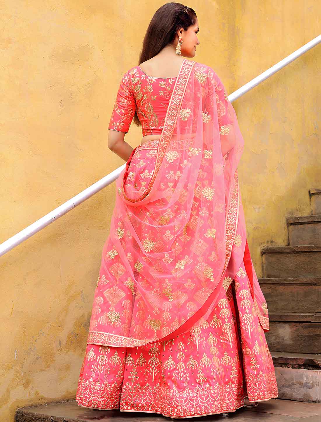 Ethnic Peach Slub Silk With Soft Net Zari Embroidery Lehenga Choli