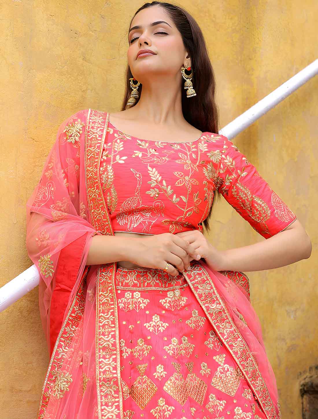 Ethnic Peach Slub Silk With Soft Net Zari Embroidery Lehenga Choli