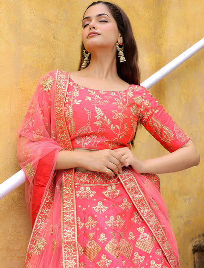 Ethnic Peach Slub Silk With Soft Net Zari Embroidery Lehenga Choli