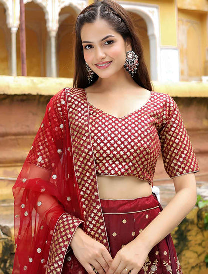 Ethnic Maroon Raw Silk Zari Sequins Embroidery Lehenga Choli