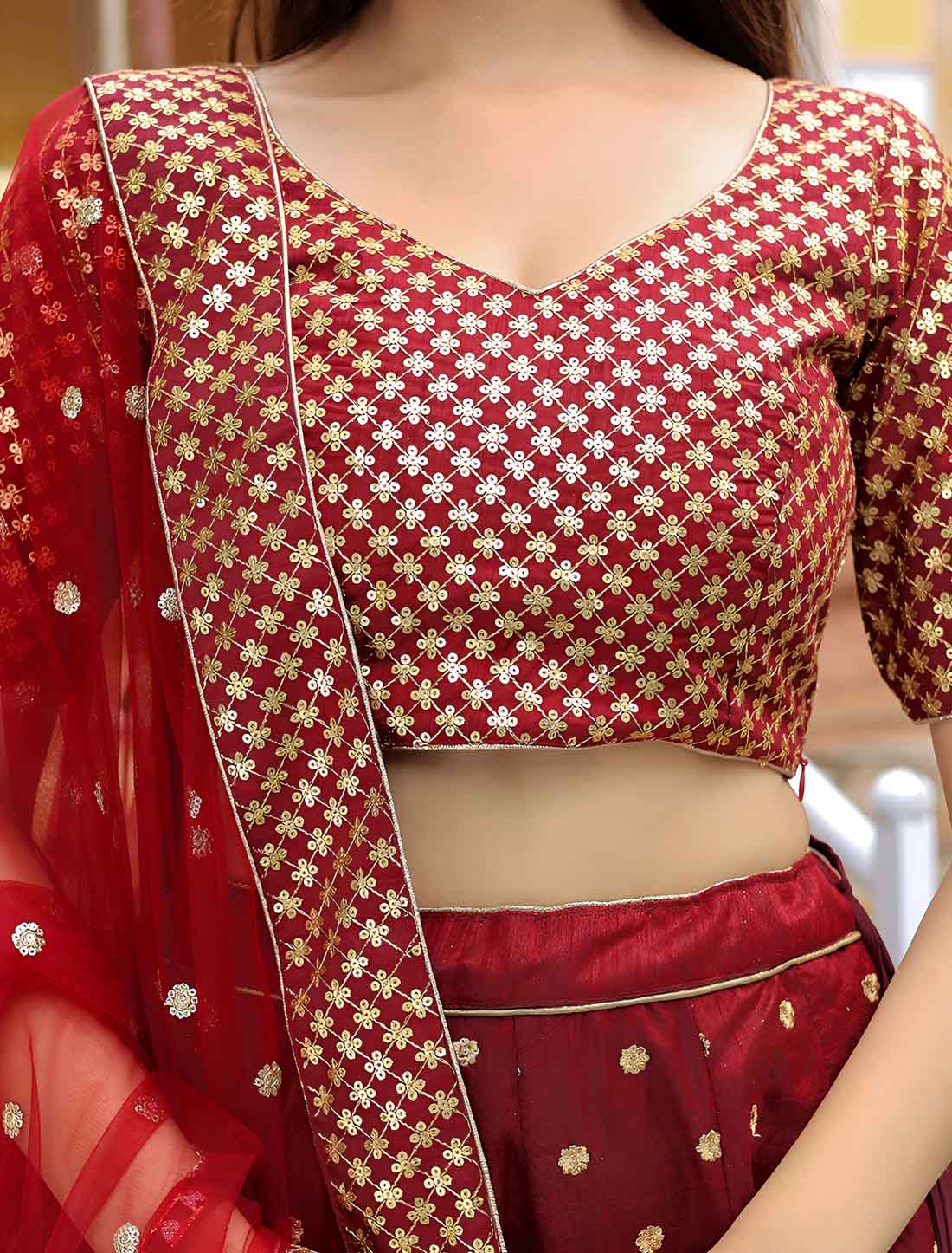 Ethnic Maroon Raw Silk Zari Sequins Embroidery Lehenga Choli