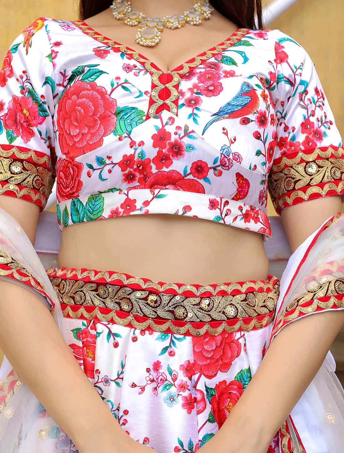 White & Red Art Silk Embroidery With Diamond Ethnic Lehenga Choli