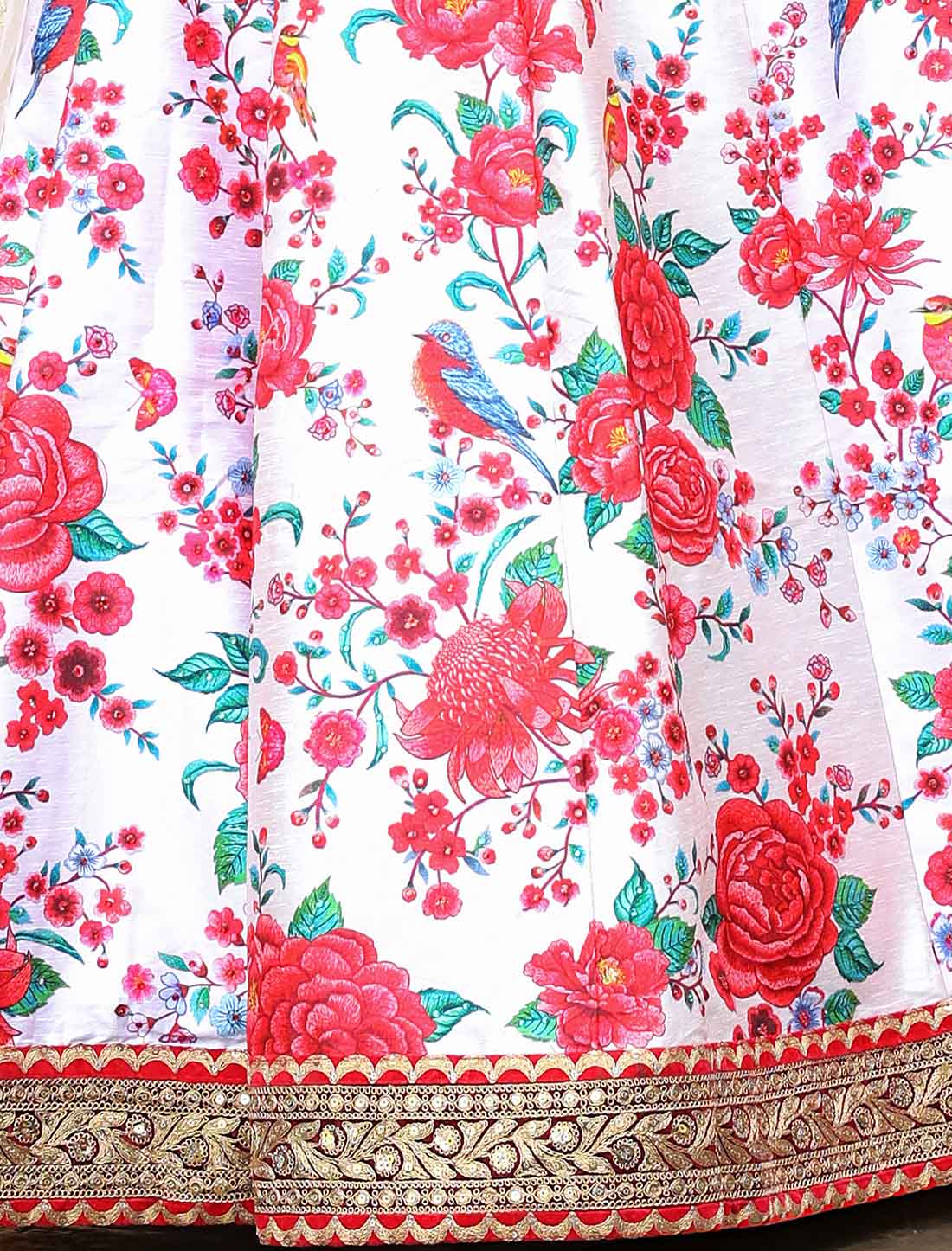 White & Red Art Silk Embroidery With Diamond Ethnic Lehenga Choli
