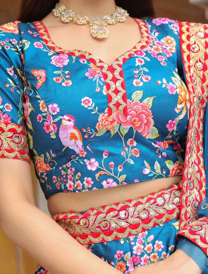 Blue Ethnic Art Silk Sequins Embroidery With Diamond Lehenga Choli