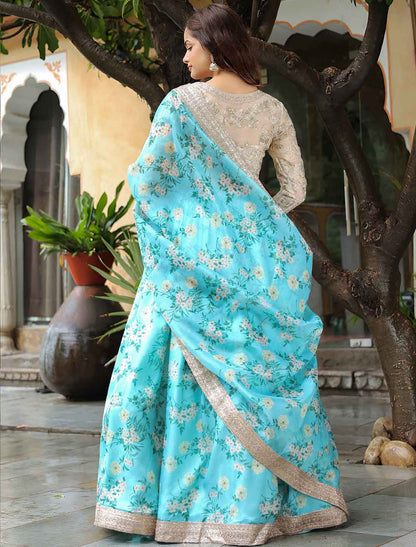 Sky Blue Organza Floral Print Sequins Embroidery Ethnic Lehenag Choli