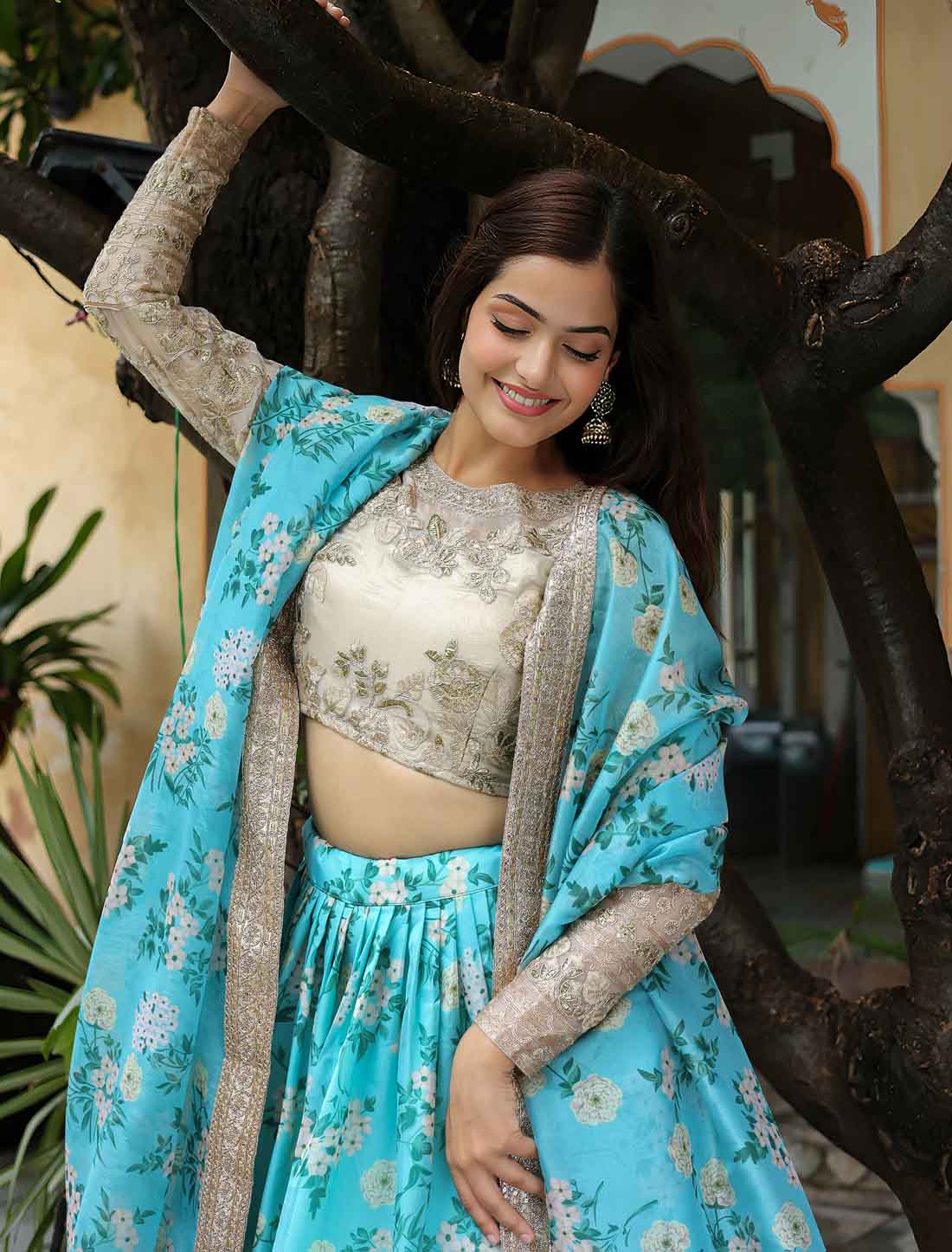 Sky Blue Organza Floral Print Sequins Embroidery Ethnic Lehenag Choli
