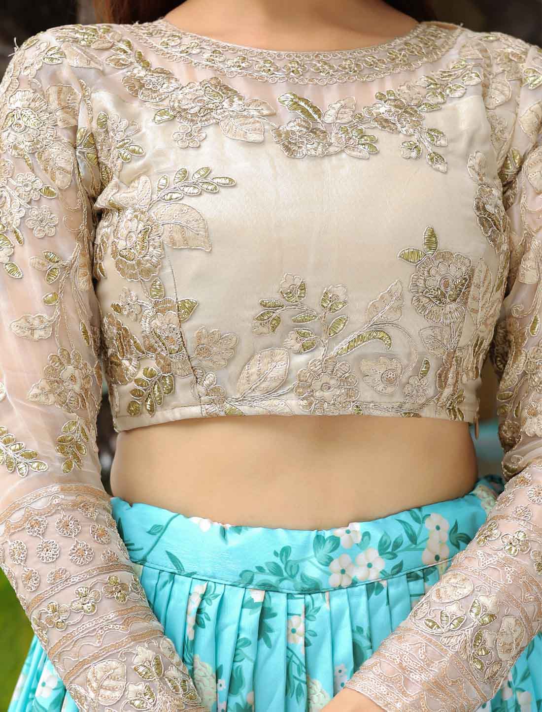 Sky Blue Organza Floral Print Sequins Embroidery Ethnic Lehenag Choli