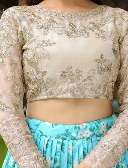 Sky Blue Organza Floral Print Sequins Embroidery Ethnic Lehenag Choli