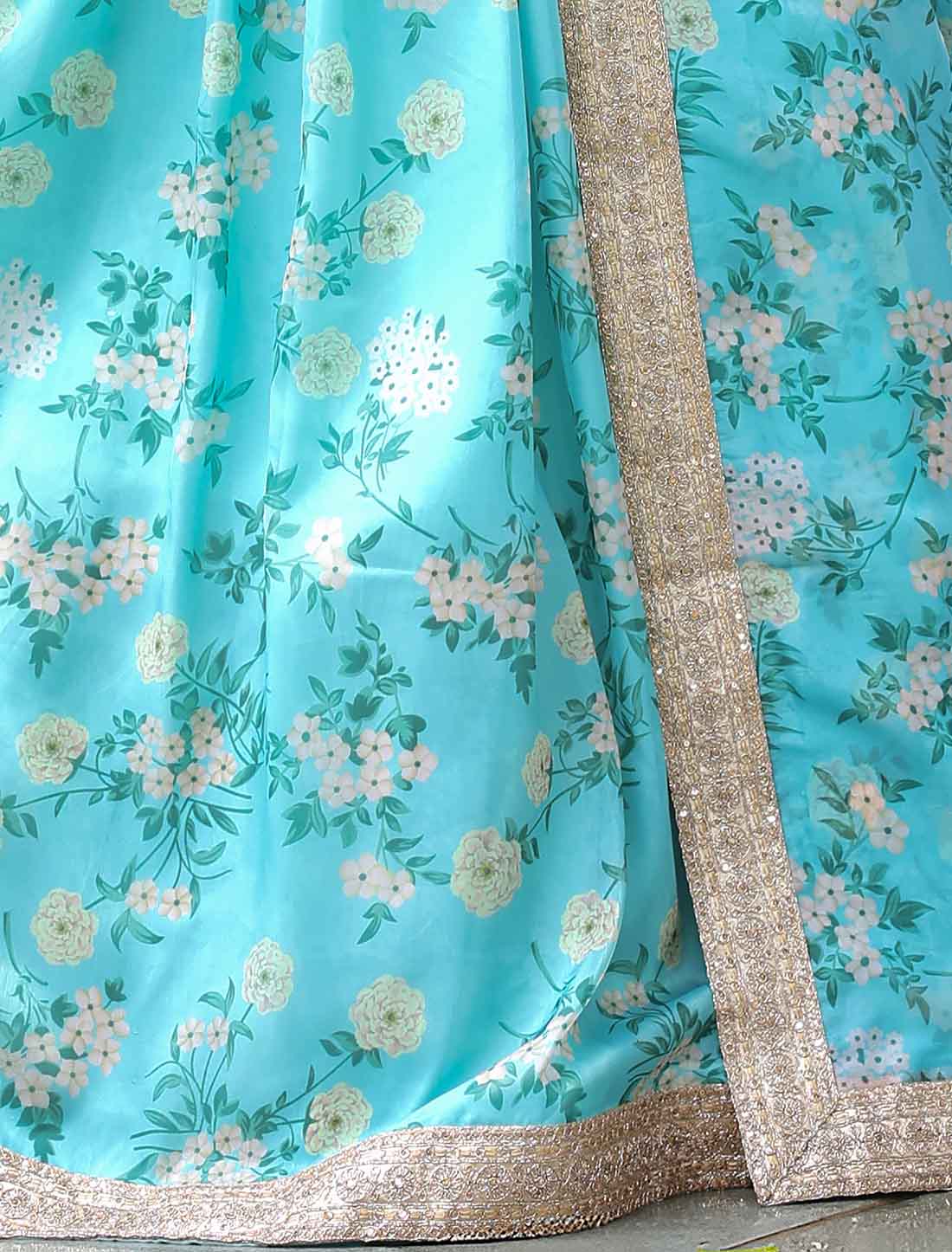 Sky Blue Organza Floral Print Sequins Embroidery Ethnic Lehenag Choli