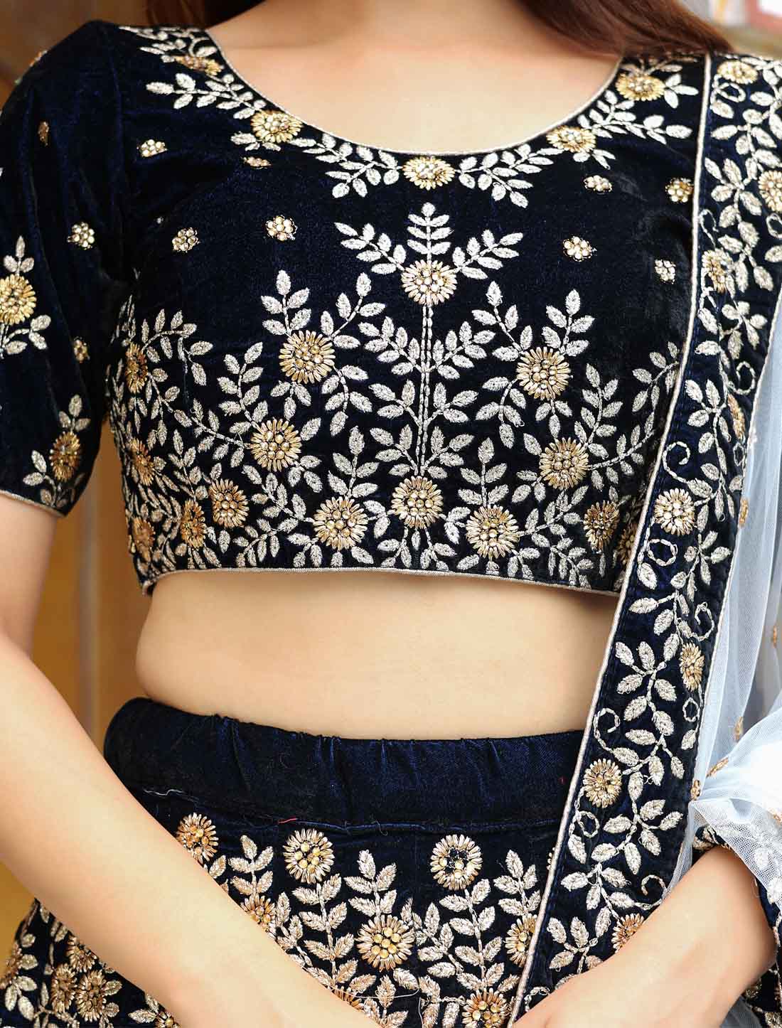 Navy Blue Velvet Ethnic Embroidery With Diamond Lehenga Choli