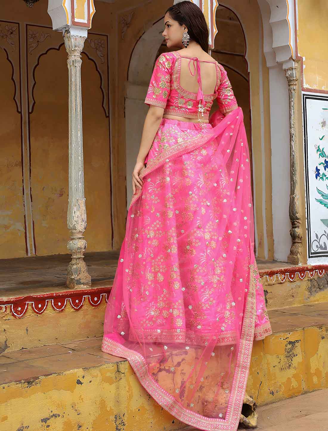 Pink Slub Silk Zari With Sequins Embroidery Ethnic Lehenga Choli