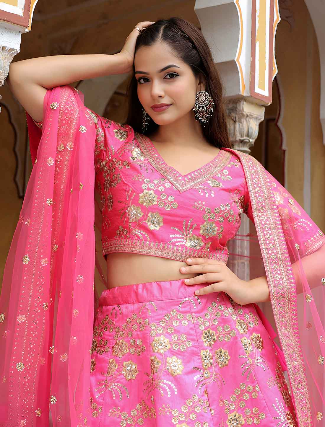 Pink Slub Silk Zari With Sequins Embroidery Ethnic Lehenga Choli