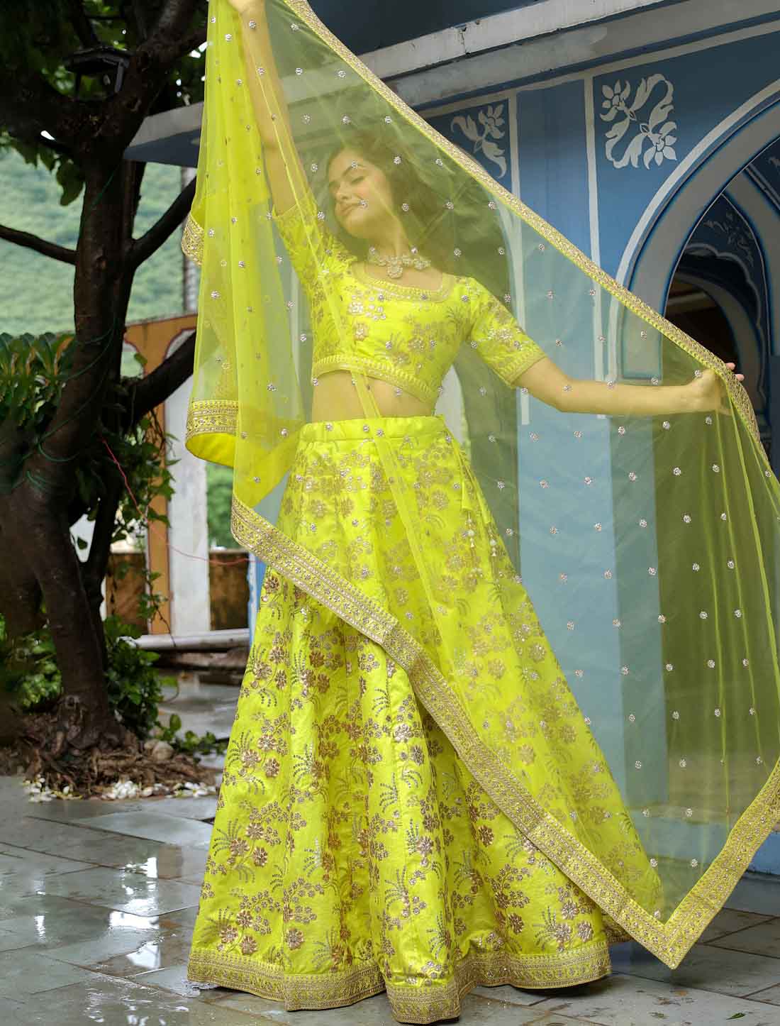 Ethnic Neon Slub Silk Zari With Sequins Embroidery Lehenga Choli