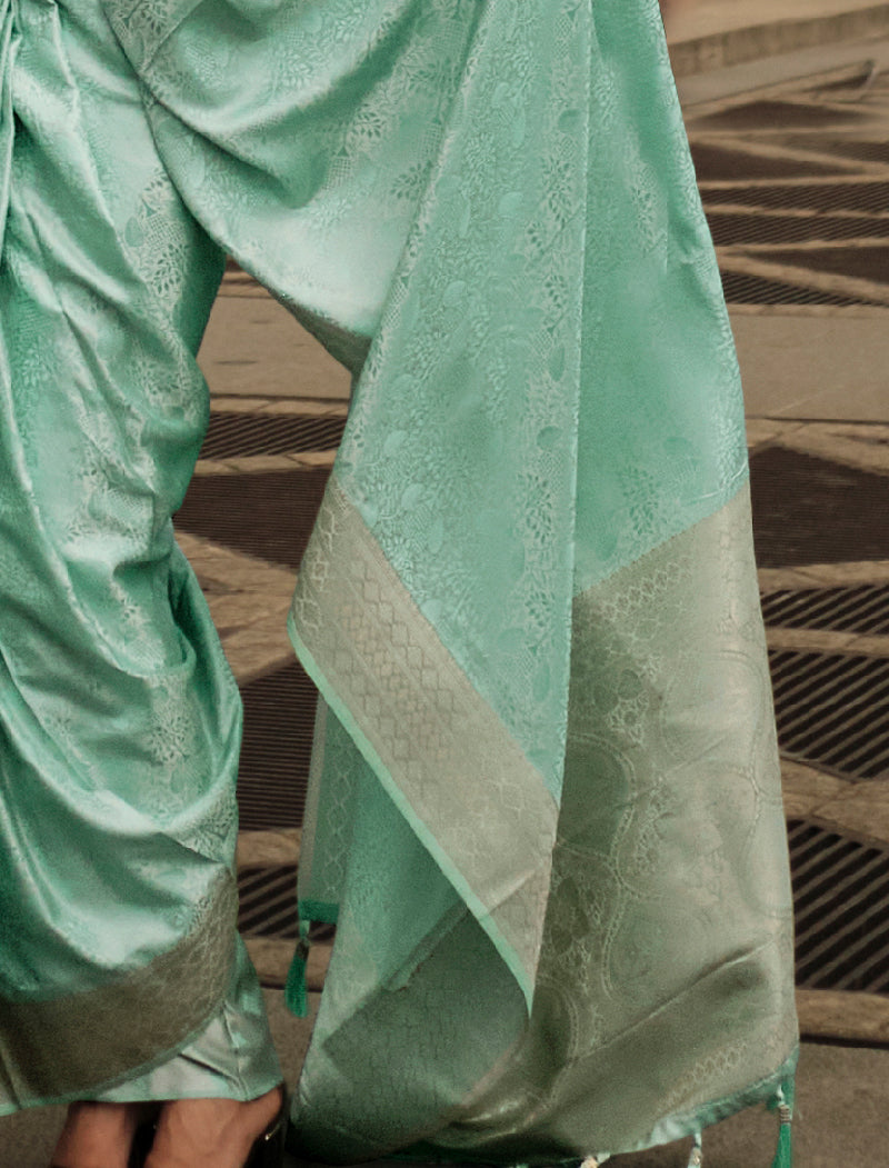 Sea Green Pure Self Satin Handloom Weaving Traditional Wear Saree With Blouse