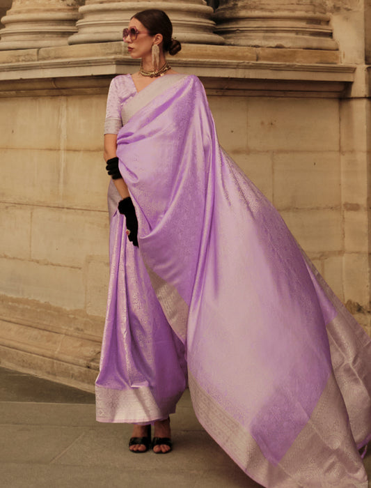 Light Purple Pure Self Satin Handloom Weaving Traditional Wear Saree With Blouse