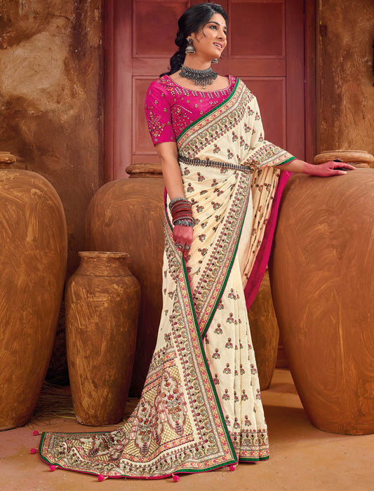 Cream Banaras Silk With Shana Silk Blouse Pure Kachhi Work An Diamond & Mirror Heavy Work Ethnic Sarees