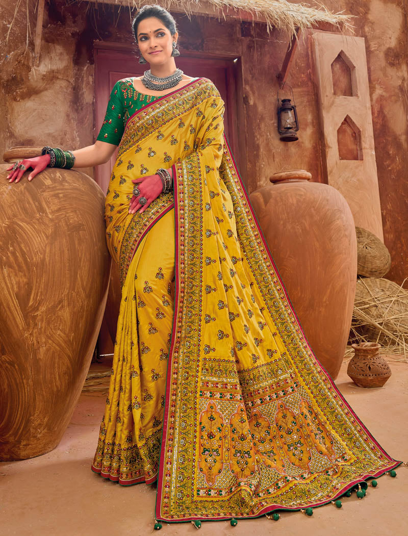 Yellow Banaras Silk With Monalisha Silk Blouse Pure Kachhi Work An Diamond & Mirror Heavy Work Ethnic Sarees