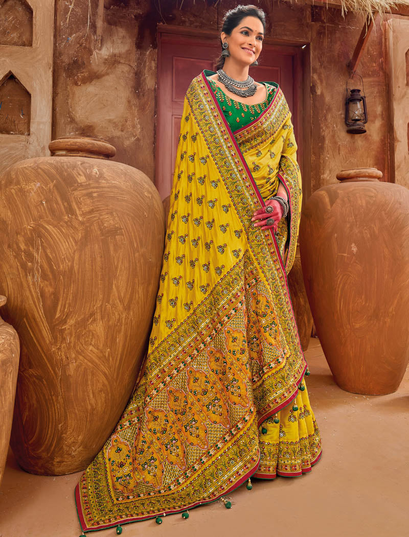 Yellow Banaras Silk With Monalisha Silk Blouse Pure Kachhi Work An Diamond & Mirror Heavy Work Ethnic Sarees