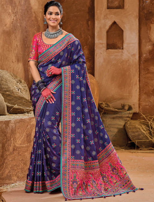 Purple Banaras Silk With Shana Silk Blouse Pure Kachhi Work An Diamond & Mirror Heavy Work Ethnic Sarees