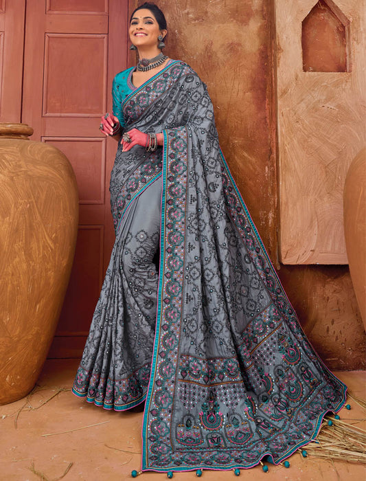 Grey Banaras Silk With Monalisha Silk Blouse Pure Kachhi Work An Diamond & Mirror Heavy Work Ethnic Sarees