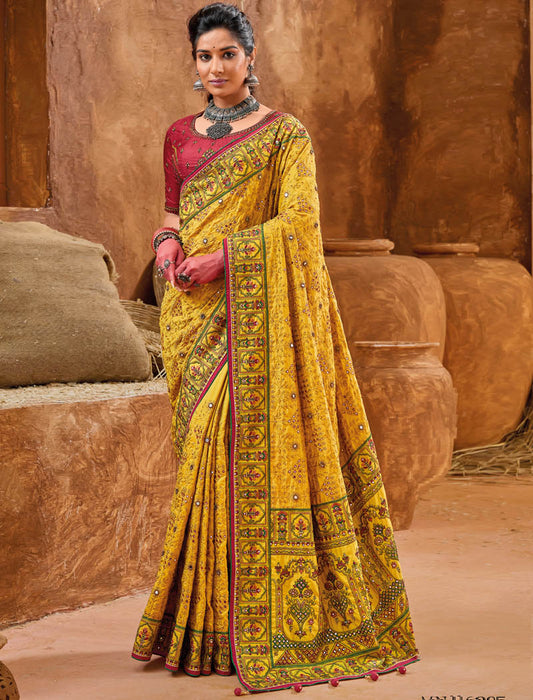 Yellow Banaras Silk With Monalisha Silk Blouse Pure Kachhi Work An Diamond & Mirror Heavy Work Ethnic Sarees