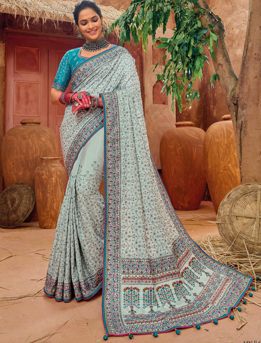 Grey Banaras Silk With Monalisha Silk Blouse Pure Kachhi Work An Diamond & Mirror Heavy Work Ethnic Sarees