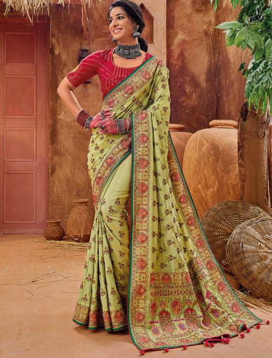 Mehandi Banaras Silk With Monalisha Silk Blouse Pure Kachhi Work An Diamond & Mirror Heavy Work Ethnic Sarees