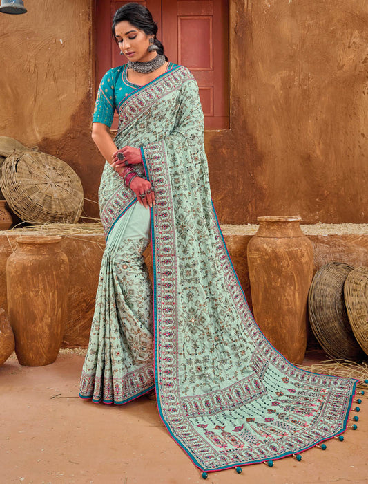 Pista Green Banaras Silk With Monalisha Silk Blouse Pure Kachhi Work An Diamond & Mirror Heavy Work Ethnic Sarees