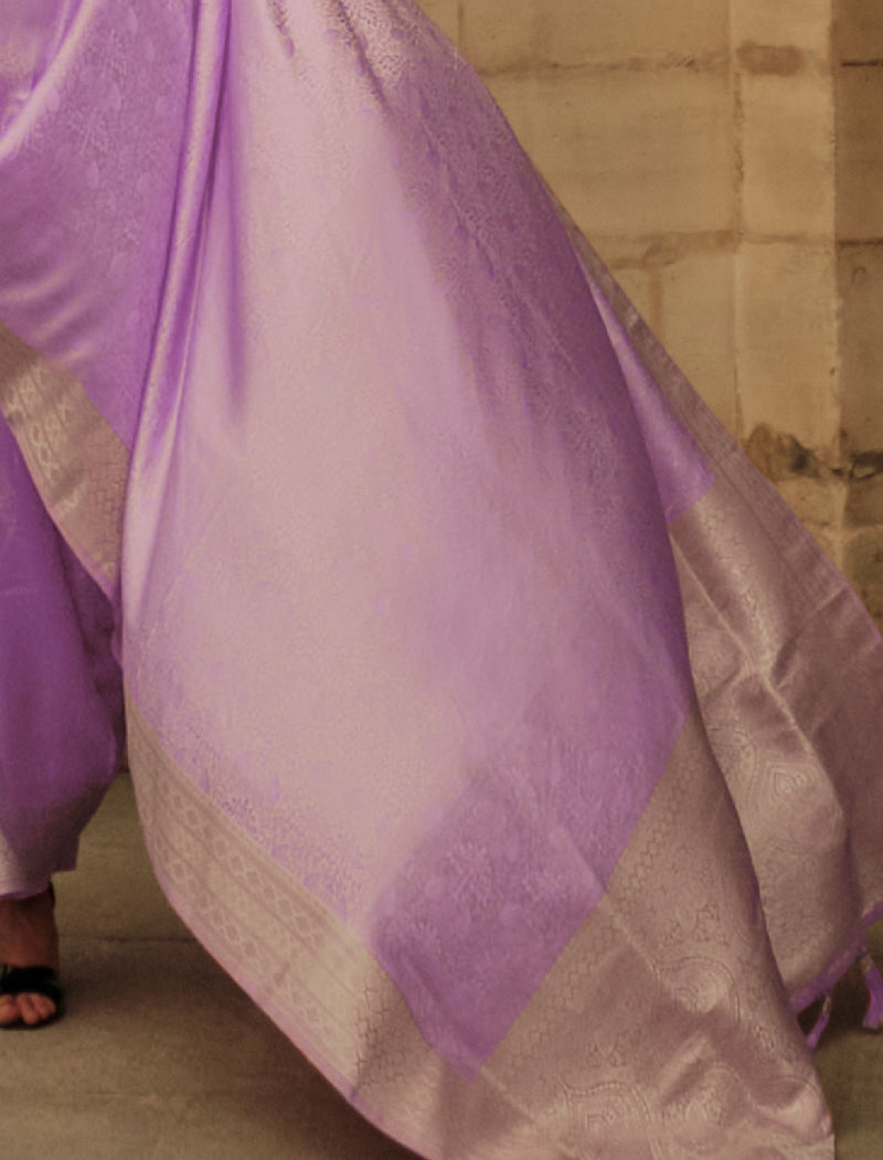 Light Purple Pure Self Satin Handloom Weaving Traditional Wear Saree With Blouse