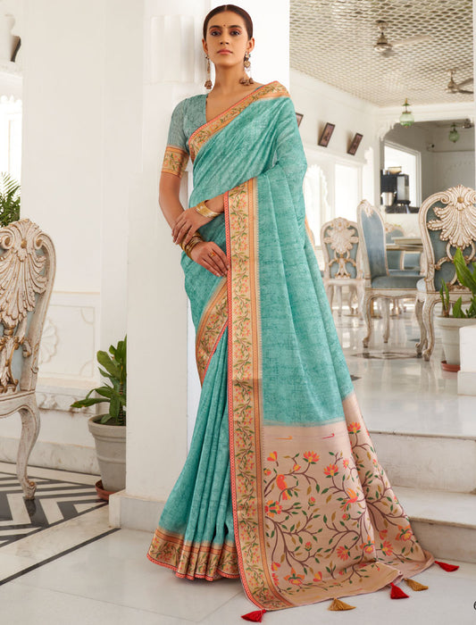 Teal Blue Fancy Silk Digital Printed With Self Design Border And Pullu UnStitched Weaving Saree