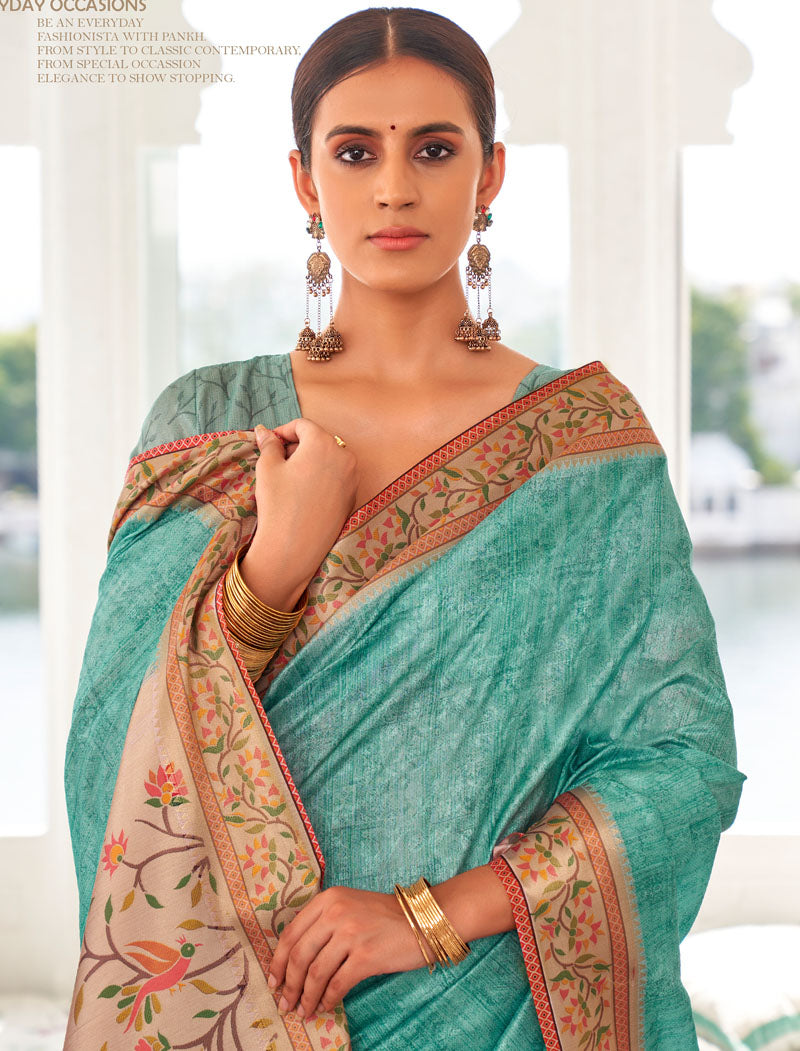 Teal Blue Fancy Silk Digital Printed With Self Design Border And Pullu UnStitched Weaving Saree