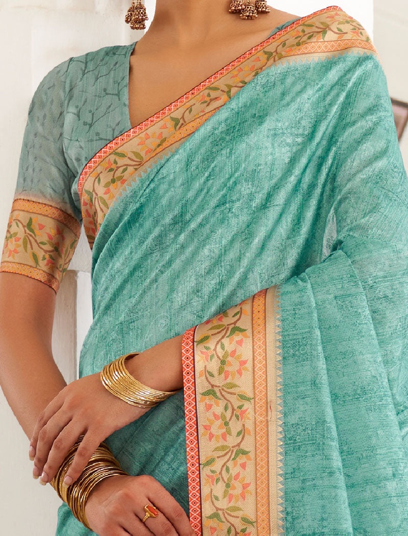 Teal Blue Fancy Silk Digital Printed With Self Design Border And Pullu UnStitched Weaving Saree