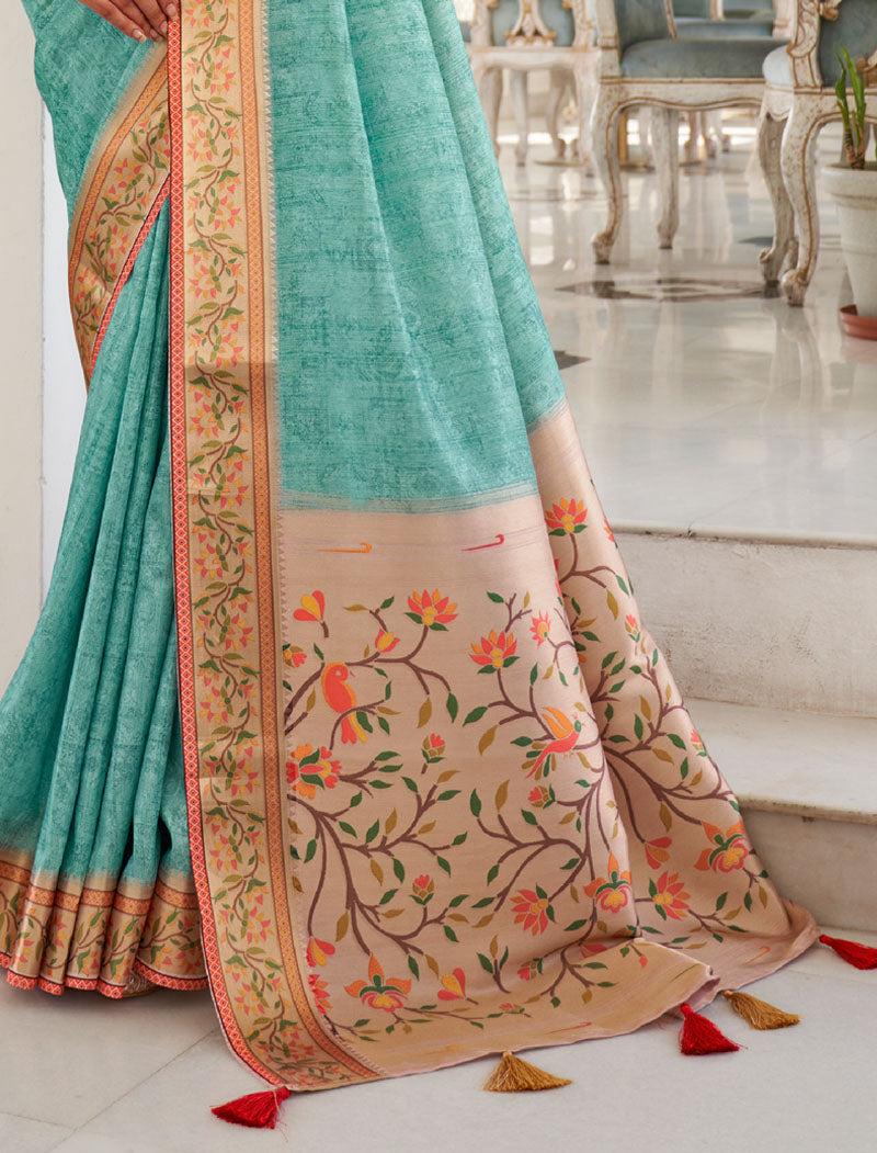 Teal Blue Fancy Silk Digital Printed With Self Design Border And Pullu UnStitched Weaving Saree