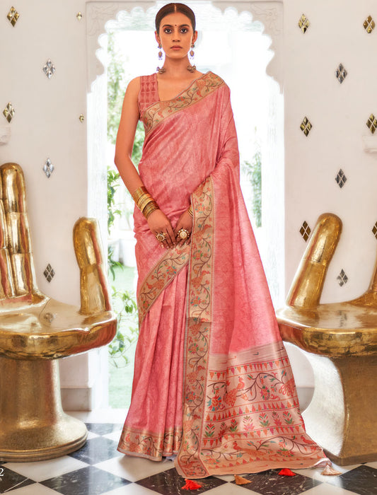 Peach Fancy Silk Digital Printed With Self Design Border And Pullu UnStitched Weaving Saree