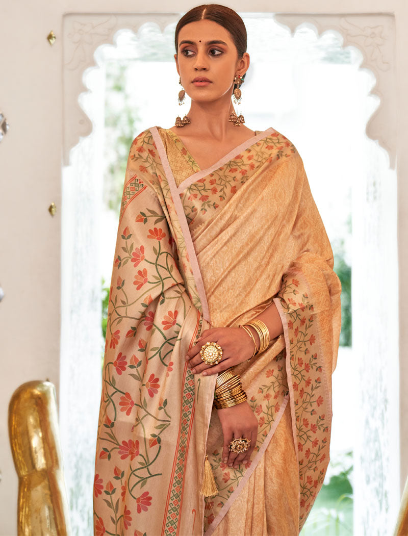 Cream Fancy Silk Digital Printed With Self Design Border And Pullu UnStitched Weaving Saree