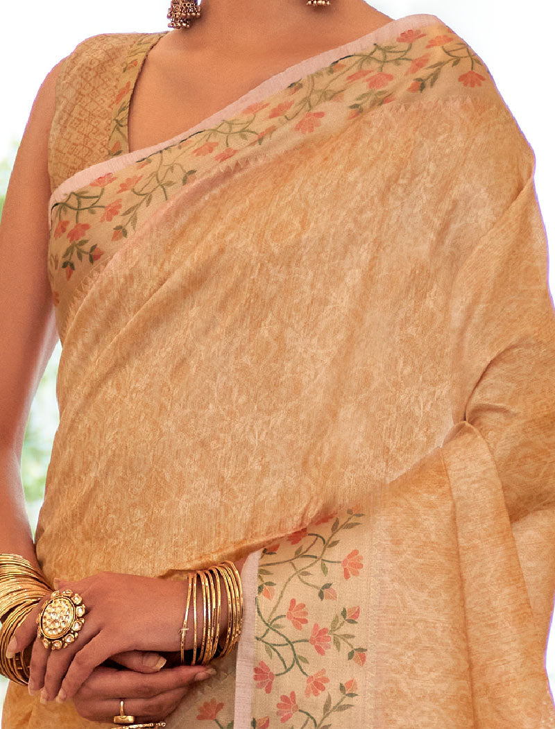 Cream Fancy Silk Digital Printed With Self Design Border And Pullu UnStitched Weaving Saree