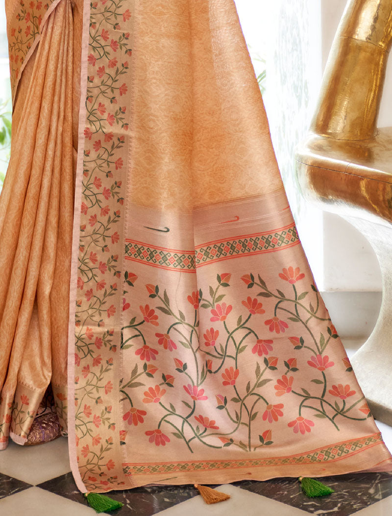 Cream Fancy Silk Digital Printed With Self Design Border And Pullu UnStitched Weaving Saree