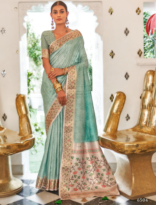 Sea Green Fancy Silk Digital Printed With Self Design Border And Pullu UnStitched Weaving Saree