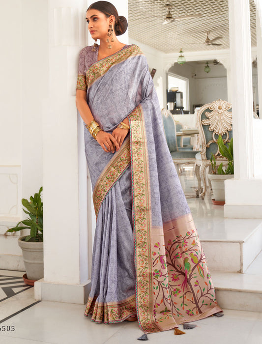 Light Blue Fancy Silk Digital Printed With Self Design Border And Pullu UnStitched Weaving Saree