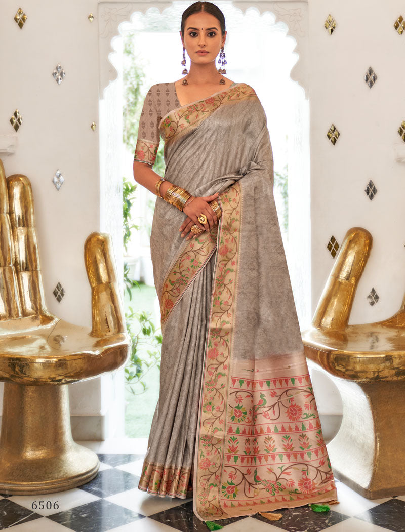 Grey Fancy Silk Digital Printed With Self Design Border And Pullu UnStitched Weaving Saree