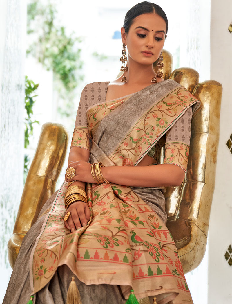 Grey Fancy Silk Digital Printed With Self Design Border And Pullu UnStitched Weaving Saree