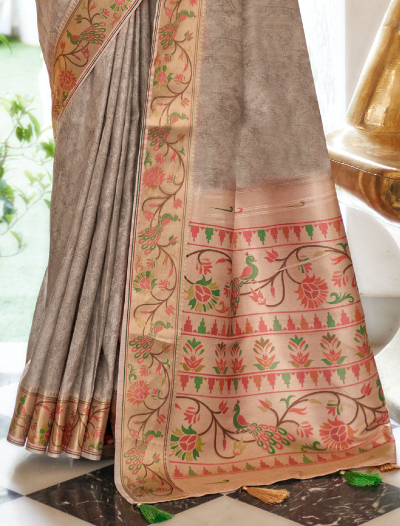 Grey Fancy Silk Digital Printed With Self Design Border And Pullu UnStitched Weaving Saree