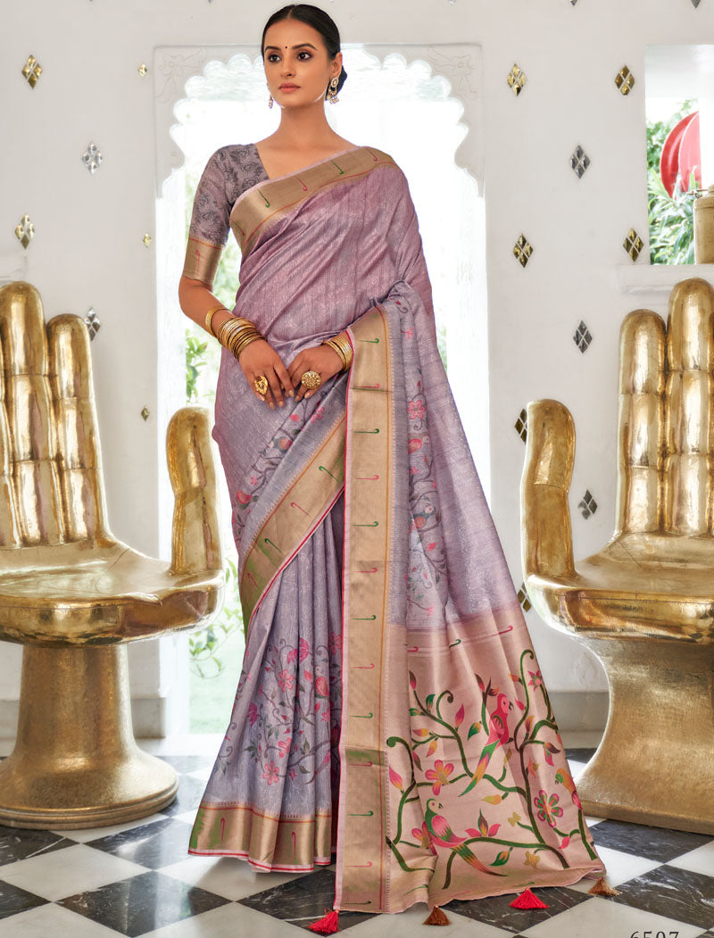 Light Purple Fancy Silk Digital Printed With Self Design Border And Pullu UnStitched Weaving Saree