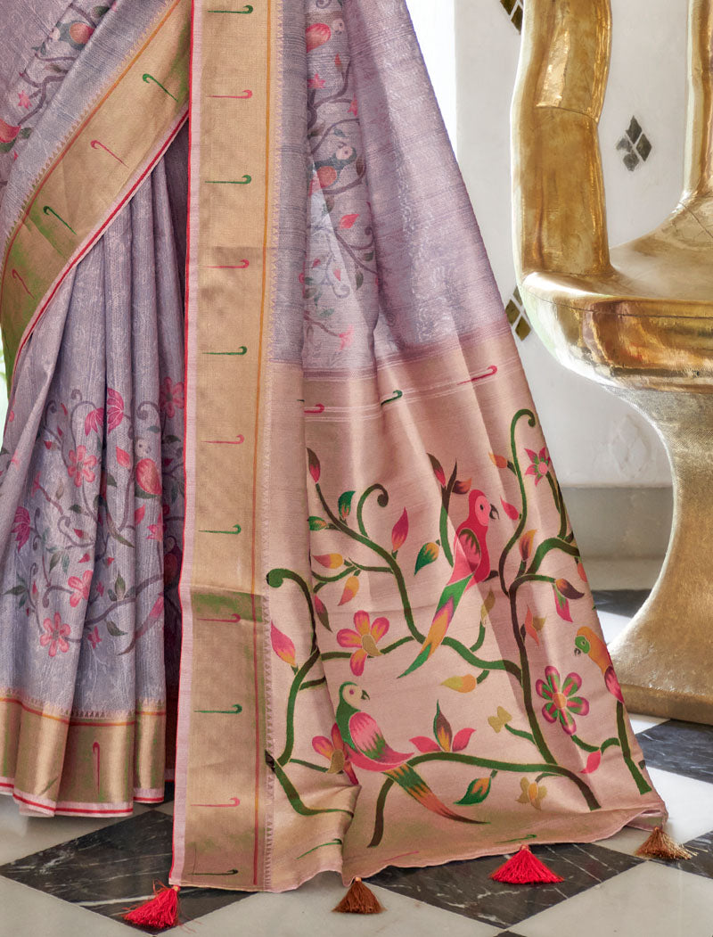 Light Purple Fancy Silk Digital Printed With Self Design Border And Pullu UnStitched Weaving Saree